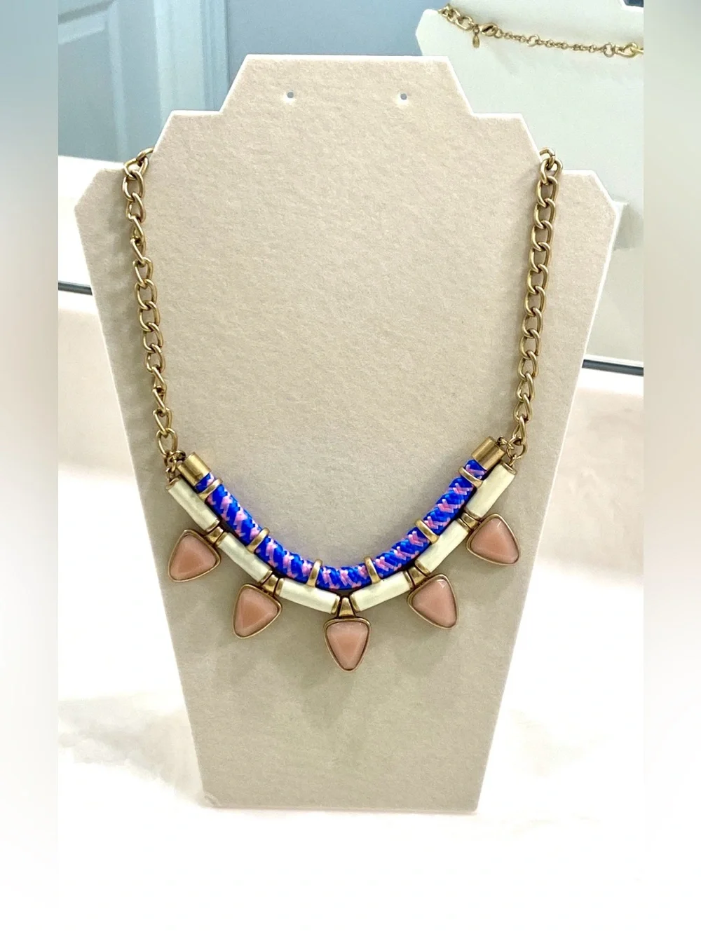 J. Crew Gold-Tone Necklace with Blue Threading and Blush Teardrops